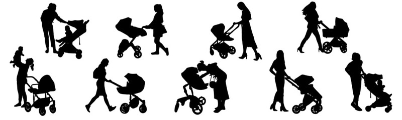 A set of silhouette illustrations of a mother carrying a baby carriage for international mother's day celebrations vector