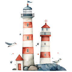 Watercolor lighthouse with seagulls clipart, Nautical illustration 