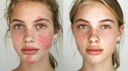young woman face with visible acne blemishes, highlighting the struggles of skincare