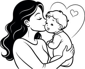 drawing of a mother kissing her baby in the middle of a mothers day card, one line drawing