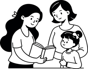 drawing of a woman giving a child a book, woman holding another woman, drawn with a single line, simple and clean illustration
