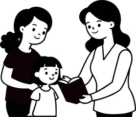 drawing of a woman giving a child a book, woman holding another woman, drawn with a single line, simple and clean illustration