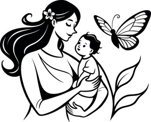drawing of a woman holding a baby and a butterfly flying above her, illustration