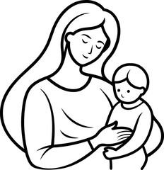 drawing of a mother holding her baby in her arms, outlined art, vector drawing, ink outline, outline art, line art, vector line