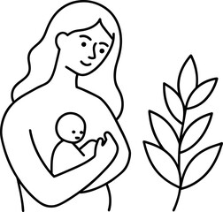 woman holding a baby in her arms and a plant behind her, one line drawing, one-line drawing, one - line drawing, one line art