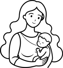 drawing of a mother holding her baby in her arms, outlined art, vector drawing, ink outline, outline art, line art, vector line