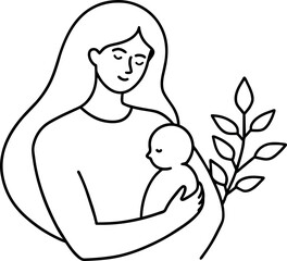 drawing of a mother holding her baby in her arms, outlined art, vector drawing, ink outline, outline art, line art, vector line