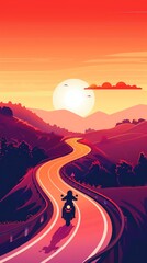 Simple flat design of a solo road trip, motorcycle on a winding road, hills and sunset, freedom theme - obrazy, fototapety, plakaty