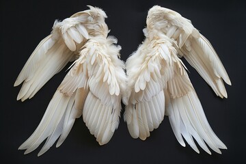 a pair of detailed angelic wings with soft white feathers, exhibiting a symmetrical design