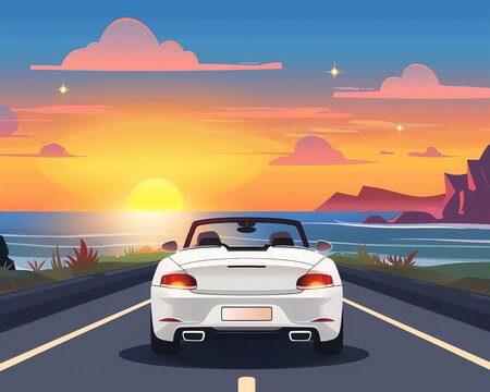 Minimalistic flat design depicting a road trip adventure, convertible on a coastal highway, sunset background