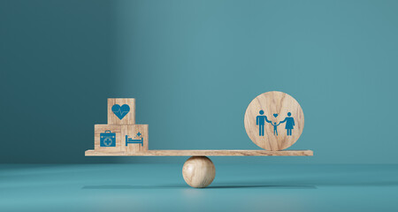 Health insurance concept. healthcare medical wooden cube block with icon, health and access to welfare health concept