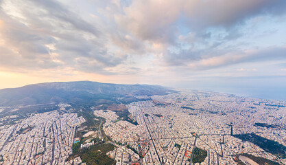Athens, Greece. Large panorama of the central part of the city. Morning sun. Aerial view