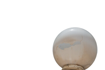 Isolated broken white light street lighting fixture on transparent background. The photo was taken in sunny weather. Blank, mockup for artwork