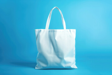 white blank tote bag mock up isolated on blue background. 3D rendering illustration