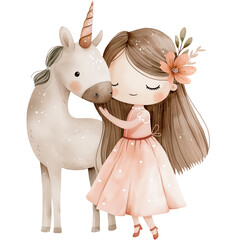 Little girl with gray unicorn watercolor illustration