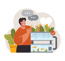Man proudly presents an aquaponics system at home. Flat vector illustration.