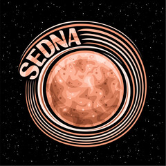 Vector logo for Sedna, decorative astronomical print with trans-neptunian dwarf planet with meteor craters, futuristic cosmo badge with unique brush lettering for brown word sedna on black background