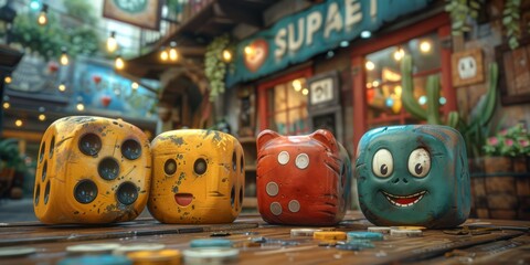 Whimsical board game cafe with anthropomorphic pawns and dice playing together