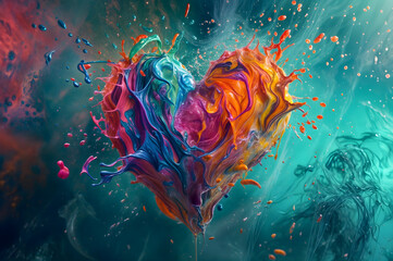 abstract watercolor background,colorful heart shape made of paint, with splatters of pink, red, orange, and blue colors. The background is a mix of blue and pink, with the heart located in the center 
