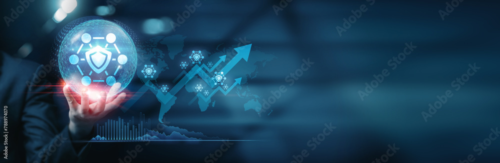 Poster businessman holding a network security shield of locked and protected network icons. safeguarding an
