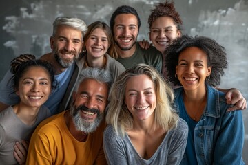 a diverse group of smiling people, featuring a mix of ethnicities and ages, closely standing together in a friendly group portrait
