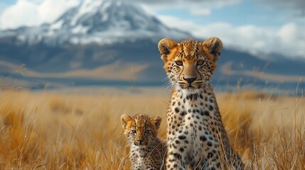 Cheetah cub sits with mother on mound. Generative Ai. 
