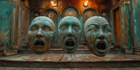 Whimsical face masks as theater masks, expressing different emotions in a surreal stage setting
