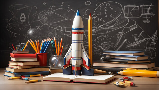 A model rocket on a desk in front of a blackboard covered in math equations