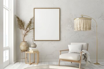Fototapeta na wymiar Scandinavian style living room with poster mockup created with generative ai