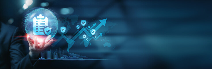 Insurance technology executive holding a circle encompassing a fusion of insurance, technology,...