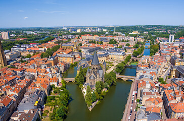 Fototapeta na wymiar Metz, France. New Temple - Protestant Church. Moselle River. Panorama of the city on a summer day. Sunny weather. Aerial view