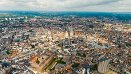 Ghent, Belgium. Cathedral of Saint Bavo. Panorama of the central city from the air. Cloudy weather, summer day, Aerial View