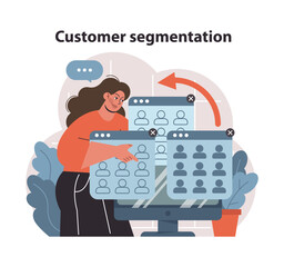 Customer segmentation concept. Enthusiastic woman categorizing digital profiles.