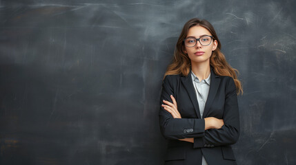 A woman in a business suit stands in front of a chalkboard