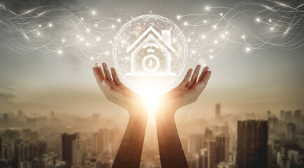 Businessman holding smart home technology and controlling connection on city background, integrating technology in homes and automation.