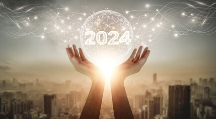 Businessperson holding a futuristic global network and advanced digital connection against a city...