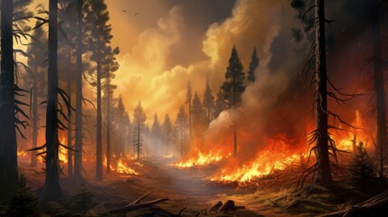 A fire engulfs the forest and dry grass, leaving a black layer of burning and ash on the ground