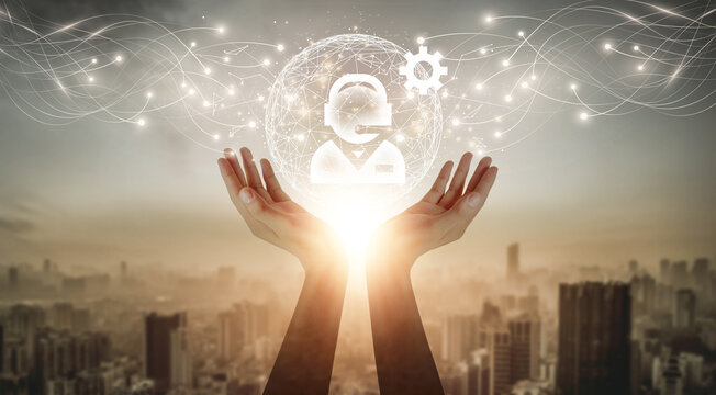 IT consultant holding a global network and establishing seamless connections on a city background, integrating advanced technology in business strategies and optimizing operations.