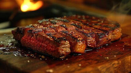 Juicy medium Beef Rib Eye steak slices in pan on wooden board. Generative Ai. 