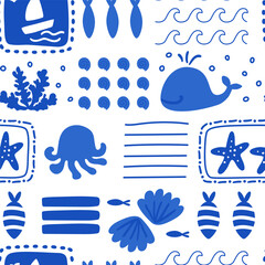 Cute sea creatures patchwork seamless pattern in blue and white. Vector summer vacation wallpaper, textile design, repeat background. Cartoon funny ocean elements fish, whale, seashell, waves, octopus - 788976086