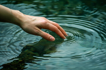 A hand reaching out to touch the water. - Powered by Adobe