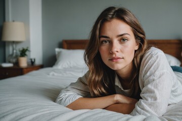 Young woman on the bed looking at camera, indoors shot.