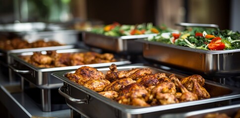 Obraz premium Grilled meat and vegetables, Food on a buffet table at the hotel, Group of people on catering buffet food indoor in restaurant with grilled meat Buffet service