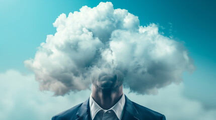 Businessmans head is obscured by a fluffy white cloud, creating a surreal effect - obrazy, fototapety, plakaty