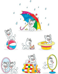 Playful cute little kitten playing with different domestic things at home, set of vector cartoon illustrations on a white background