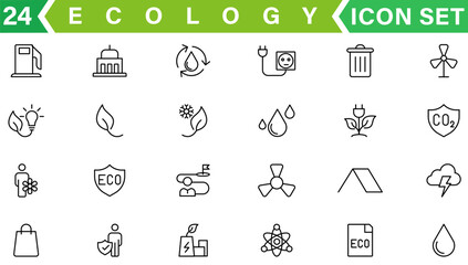 Ecology icon set. Environment, sustainability, nature, recycle, renewable energy; electric bike, eco-friendly, forest, wind power, green symbol. Solid icons vector collection