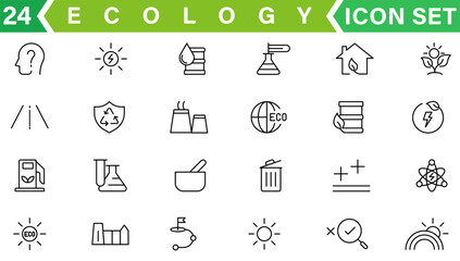 Ecology icon set. Environment, sustainability, nature, recycle, renewable energy; electric bike, eco-friendly, forest, wind power, green symbol. Solid icons vector collection