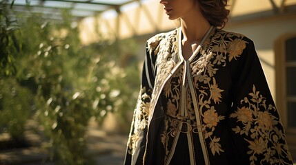 Abaya fashion with intricate embroidery and details photographed in natural daylight