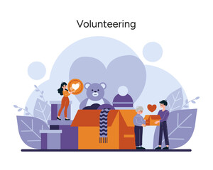 A heartfelt illustration showcasing the spirit of giving, with joyful volunteers engaging in community service and donation activities