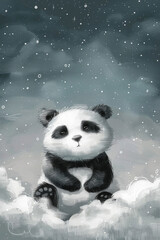 A cute sleepy cartoon baby panda sits on a cloud, looking up at the starry night sky.